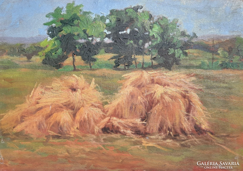 Haystacks - oil painting 30x43 cm - sunny landscape, without markings