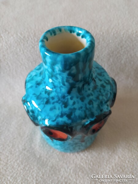 Judit Bártfay - turquoise vase with red decor flawless, marked 16 cm