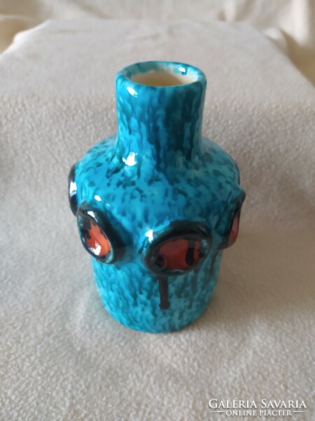 Judit Bártfay - turquoise vase with red decor flawless, marked 16 cm