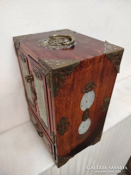 Antik zsírkő berakásos ázsiai kínai ékszer tartó ékszeres doboz fiókos kis szekrény 203 5773