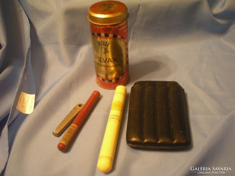 E11 3 pcs of packed old cigars + large pilvax metal box + 2 pcs of metal cigar holder + with tobacco compactor