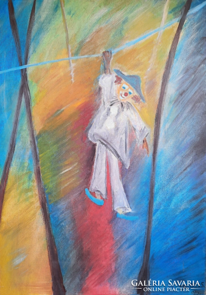 Akrobata bohóc, 1996 (olaj, vászon, 70x50 cm) cirkuszi jelenet, modern, kortárs
