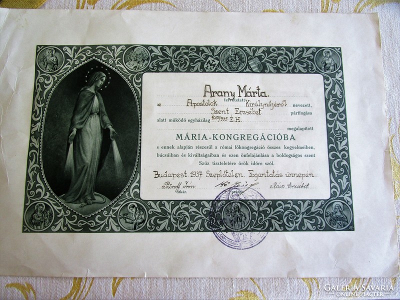 1937 Felvételi értesítő a Mária - kongregáció JELZETT PECSÉTTEL KORABELI DOKUMENTUM SZENT ERZSÉBET