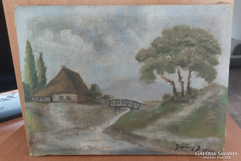 (K) antique landscape painting with cottage and bridge 40x30 cm frame