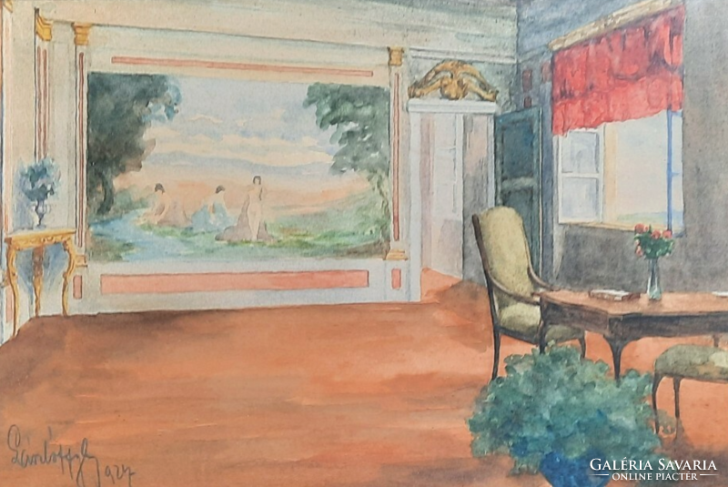 Szalon enteriőr, 1924 (akvarell, kerettel 29x39 cm) Lászlóffy? Lórántffy? azonosítatlan