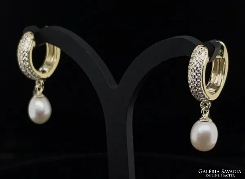 Showy true pearl zircon gemstone, sterling silver earrings 925 14k gold-plated / - new