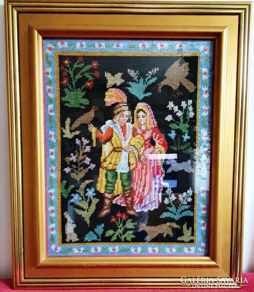 Old hand tapestry picture, frame behind glass. 47 X 57 cm.