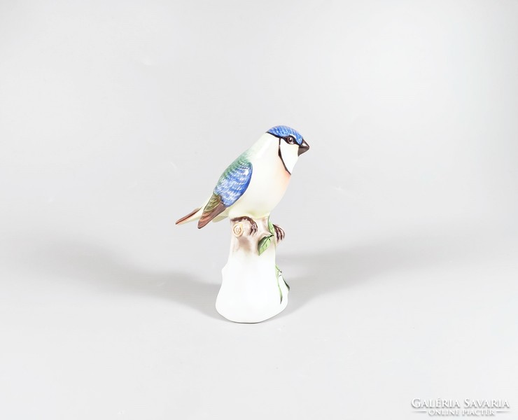 Herend, blue finch songbird on a tree branch, hand-painted porcelain 10 cm. Flawless! (B014)