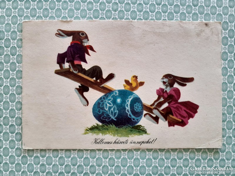 Régi húsvéti képeslap hintázó nyuszis levelezőlap