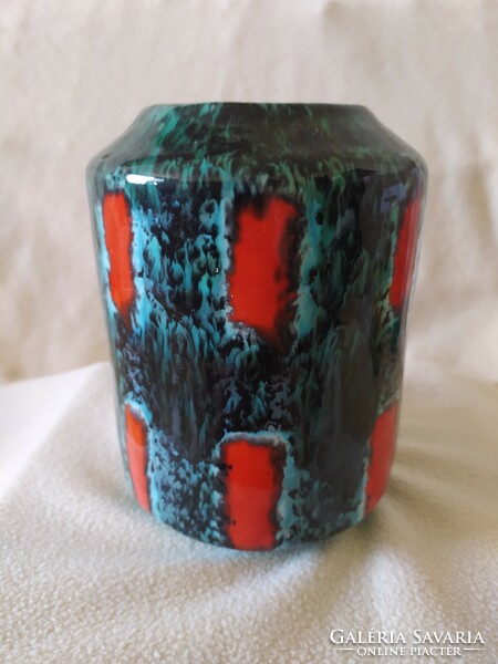 Péter ferenc - turquoise tube vase with coral red decor, marked 20 cm