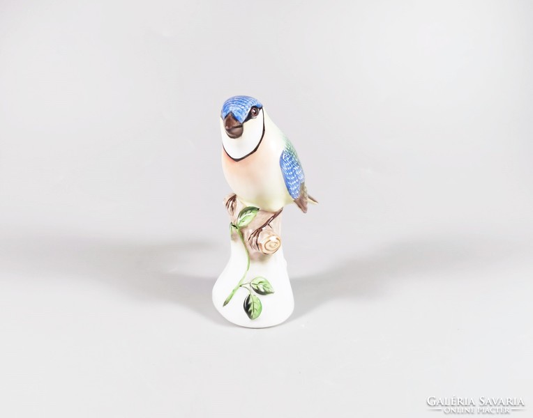 Herend, blue finch songbird on a tree branch, hand-painted porcelain 10 cm. Flawless! (B014)