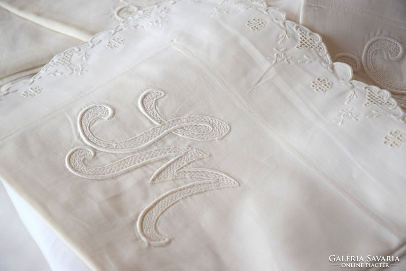 Rare antique old Toledo bed linen set pair 2 duvet covers 3 pillow covers 183 x 140