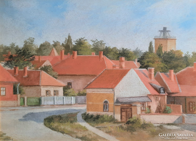 Zoltán Micska: street view, 1973 - pastel (47x60 cm) Transcarpathian artist