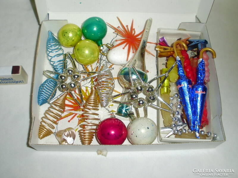 Vintage Christmas tree decorations - with a box / tapestry, candy umbrellas, metal spirals, plastic .../