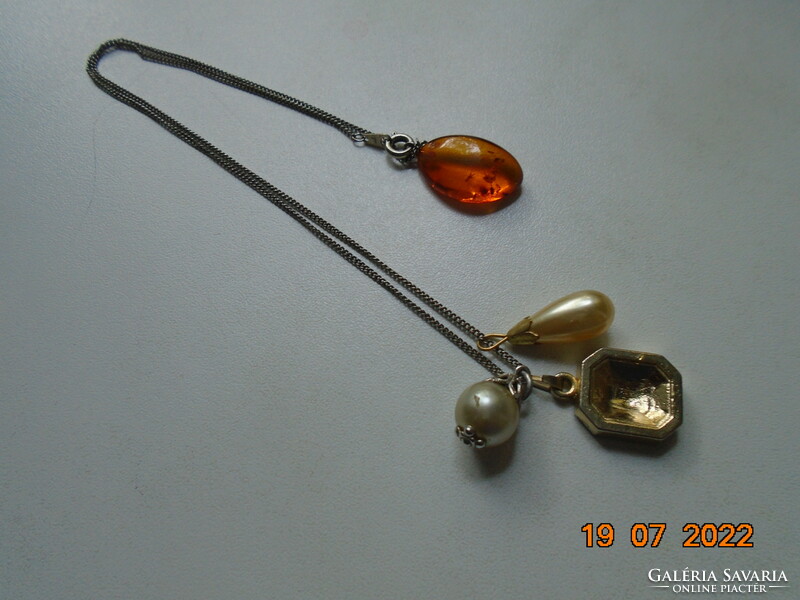 Silver-plated necklace with amber, pearls and gold-plated holder