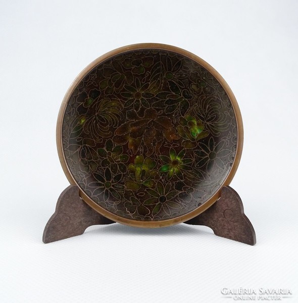 1J653 antique fire enamel oriental ashtray with flower pattern