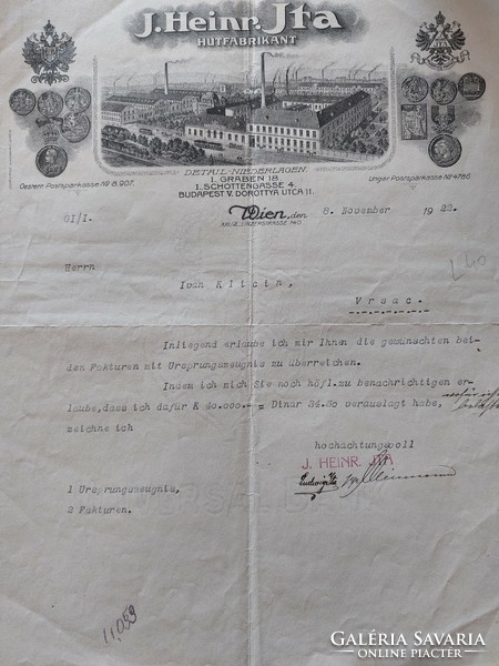 Certificate in German from 1922, j. Heinr. From Jta hat maker