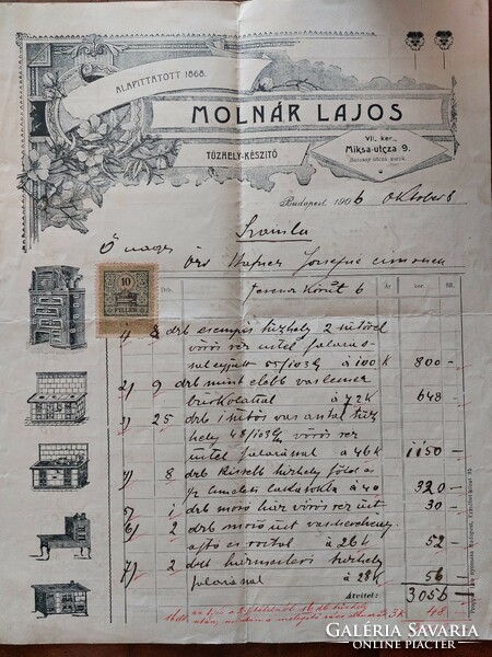 An invoice issued by stove maker Lajos Molnár, dated 1906