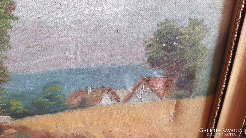 (K) Régi falusi életkép festmény, szignózott 38x34 cm kerettel