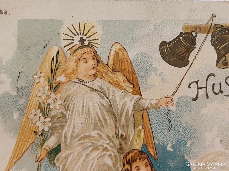 Régi húsvéti képeslap 1900 levelezőlap angyal harang trombita