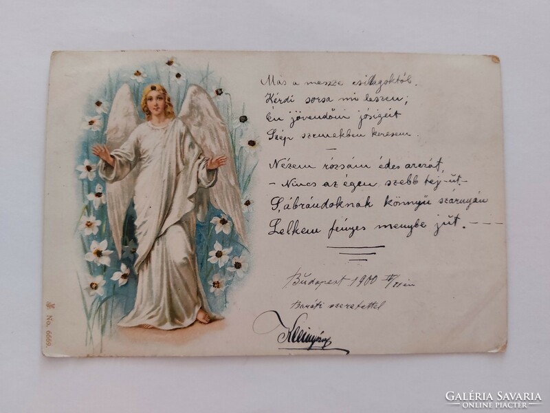 Régi képeslap 1900 levelezőlap fehér ruhás angyal virágok között