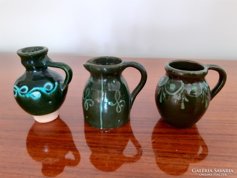 Mini glazed earthenware jug green folk miniature jug 3 pcs