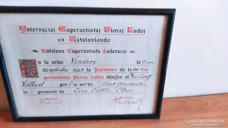 (K) Eszperantó oklevél 1928-ból 29x21 cm kerettel