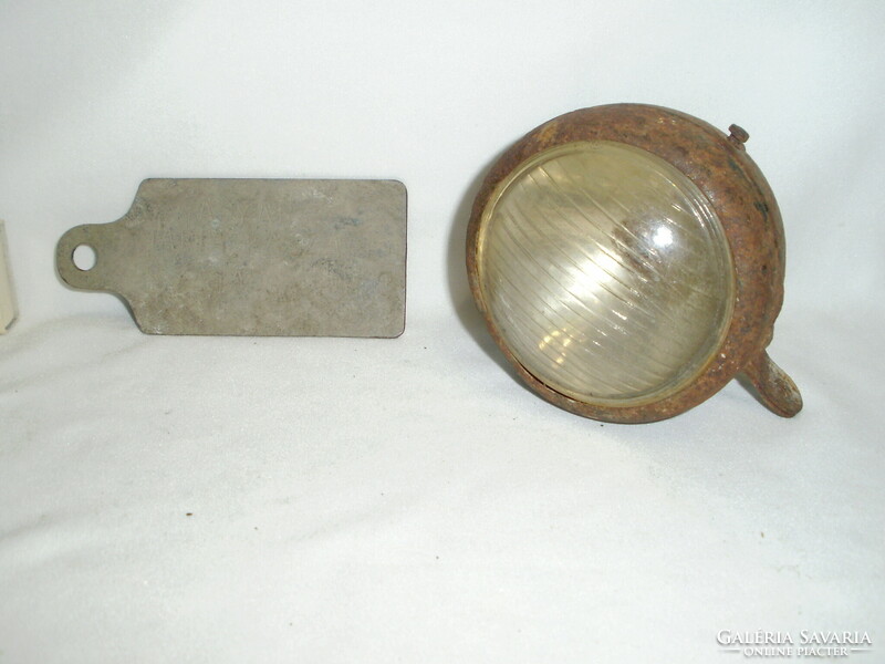 Old bicycle name plate and front light - together - 