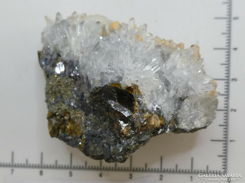 Natural quartz, calcite, chalcopyrite mineral combination. 126 grams. Kapnik mine.