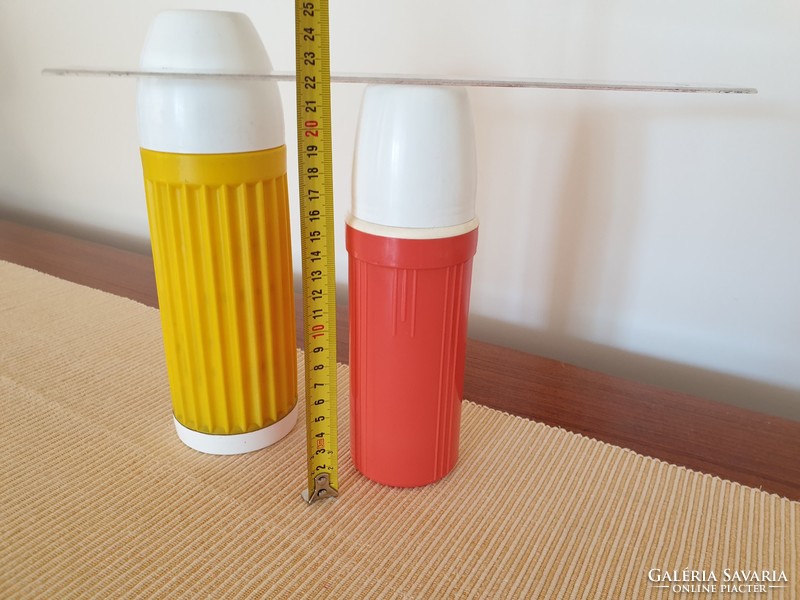 Old retro 3 pcs drinking thermos with glass insert, colorful plastic thermos bottle