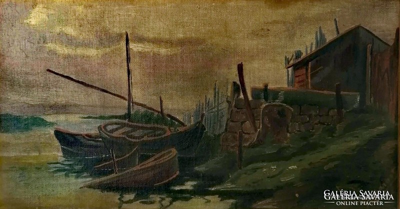 Csónakok. Jelzett, antik olajfestmény.