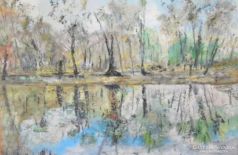 András the Kassai wolf: on the water's edge (oil, wood fiber, 35x52 cm) lakeside trees