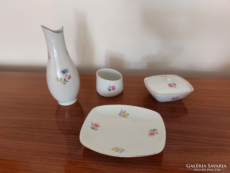 Régi Hollóházi porcelán virágos asztali szett 4 db váza tál cigitartó bonbonier mid century