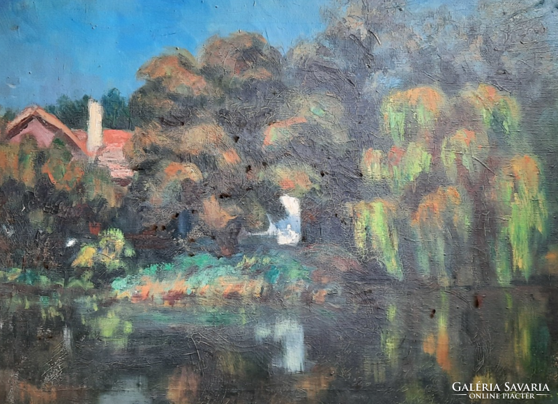House by the lake, 1957 (size with frame 57x72 cm) oil on canvas