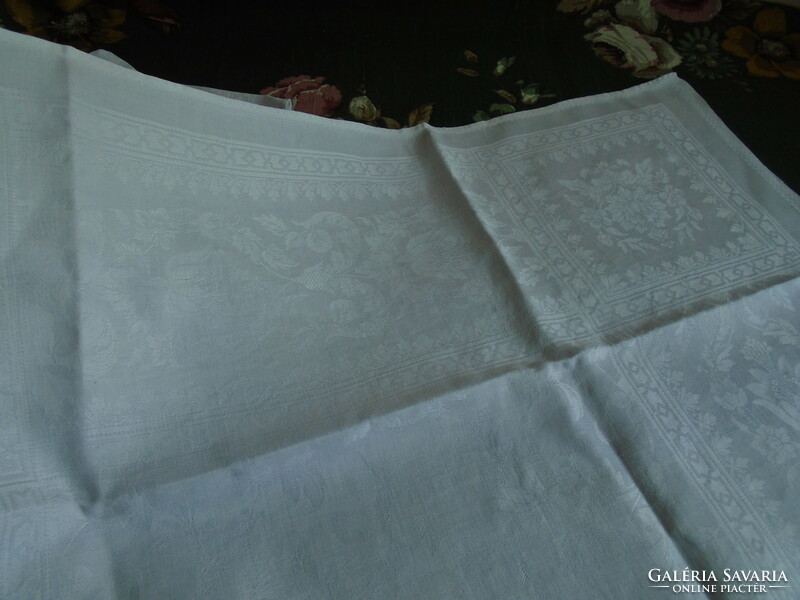 71 X 67 cm. 3 Pcs. Art Nouveau, silk damask monogrammed napkin, tablecloth.