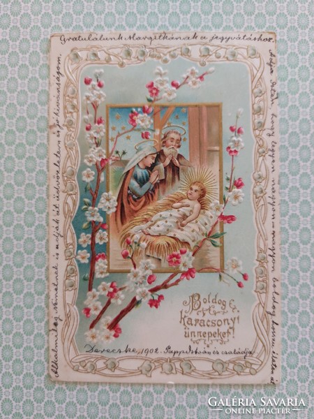 Régi karácsonyi képeslap 1902 Szent Család dombornyomott levelezőlap