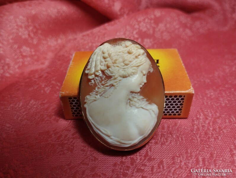 Beautiful cameo pendant with bone inlay, brooch in gold frame