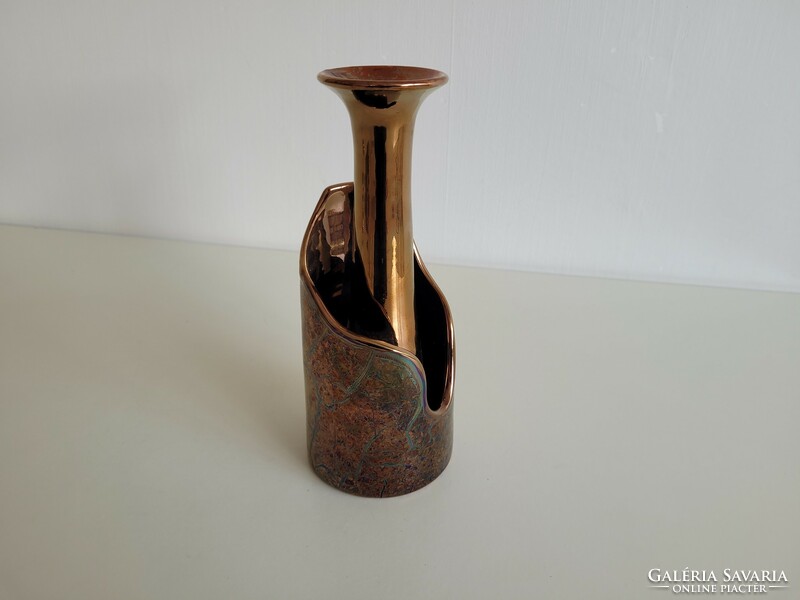 Old retro golden brown eosin glazed ceramic table ornament marked mid century candlestick table decoration