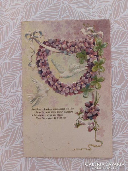 Old postcard embossed postcard dove heart violet clover