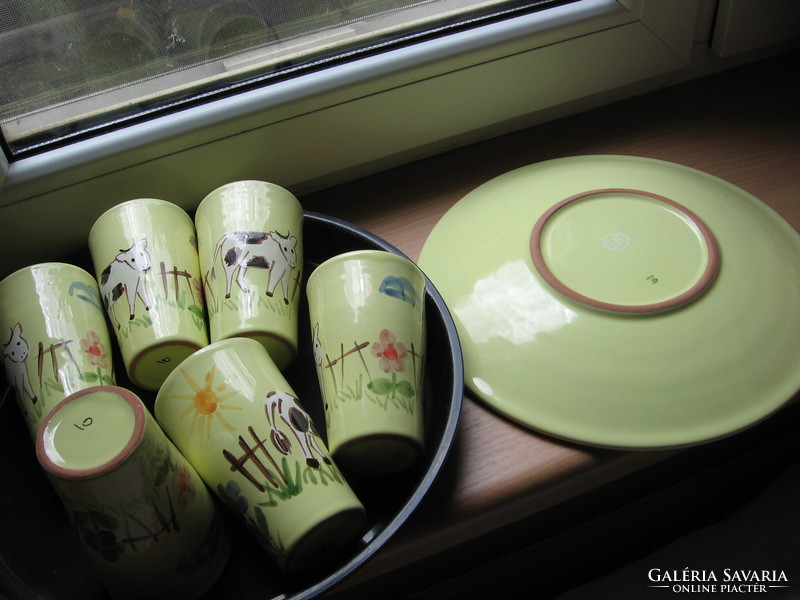 HMV vásárhelyi kézzel festett majolika bocis gyerek reggeliző, uzsonnázó készlet
