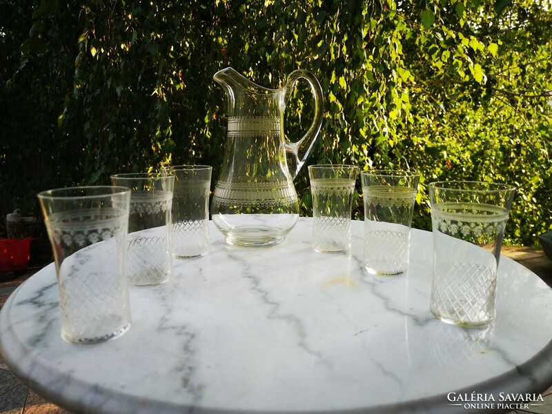 Antique Art Nouveau wine set with 6 glasses, blown jug
