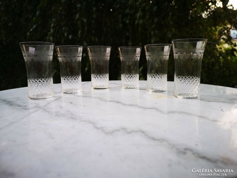 Antique art nouveau glass set dessert Tokaj Bor liqueur or short drinks, 1dl