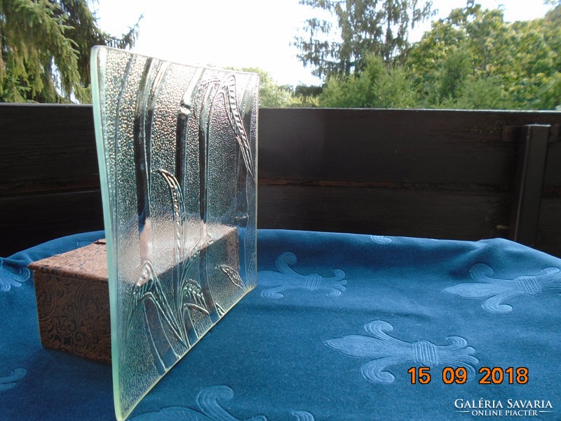 Convex bamboo patterned, square, thick cast glass bowl