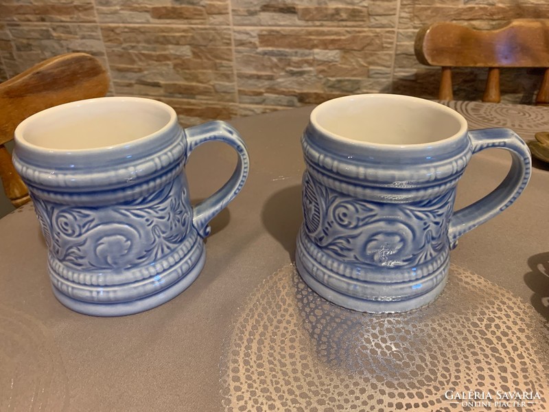 Pair of granite mugs/jugs with cheeky pointed human depictions, 2 pcs. Light blue