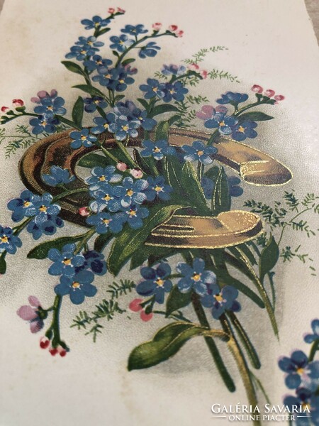 Antik, régi virágos litho képeslap - Postatiszta