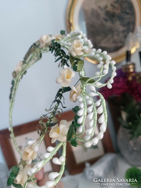 2 soros, csodaszép, régi menyasszonyi fejdísz viasz virágokkal, nagyon ritka