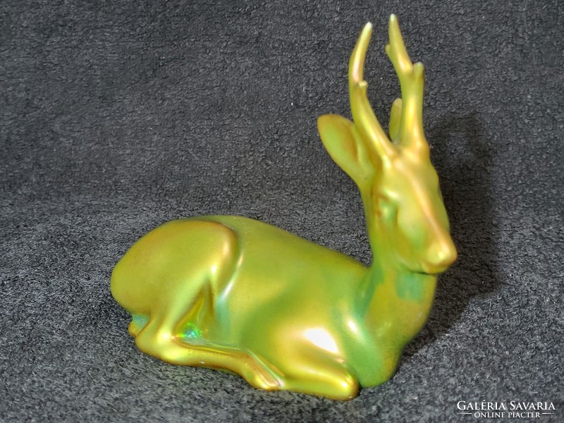 András Sinkó: reclining deer - Zsolnay eosin miniature plastic - also for collectors!