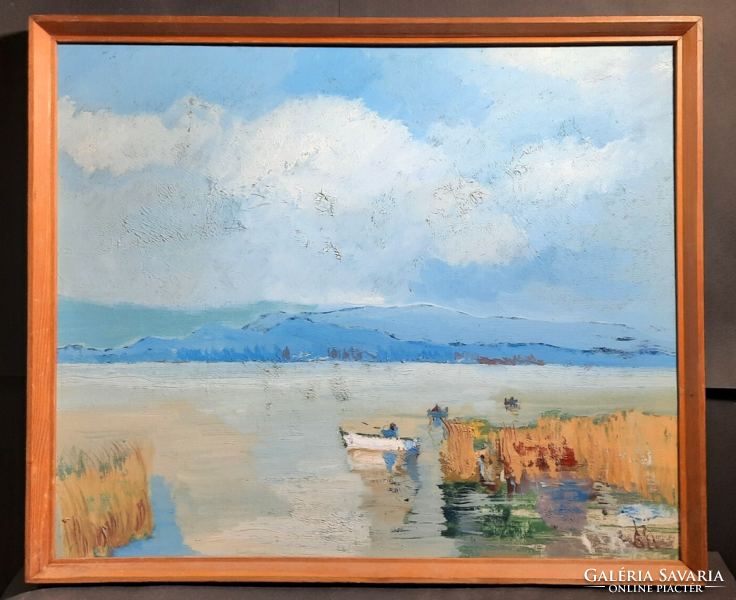 Balaton boathouse (with frame 52x62 cm) oil-on-wood - , panorama, lake landscape with mountains in the background