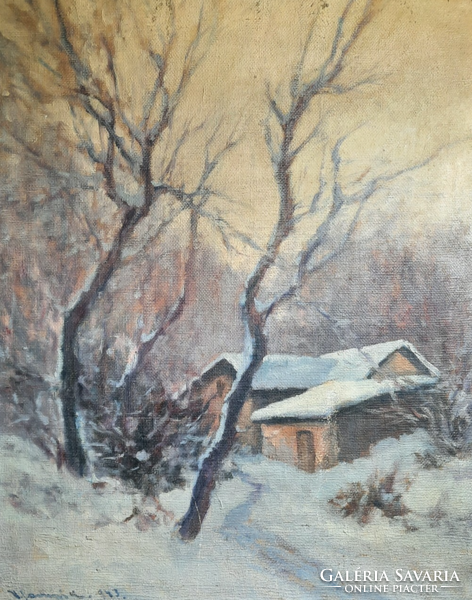 Vitéz sashegyi Kalmán: winter landscape with cottages (framed 70x60 cm, signed) oil on canvas