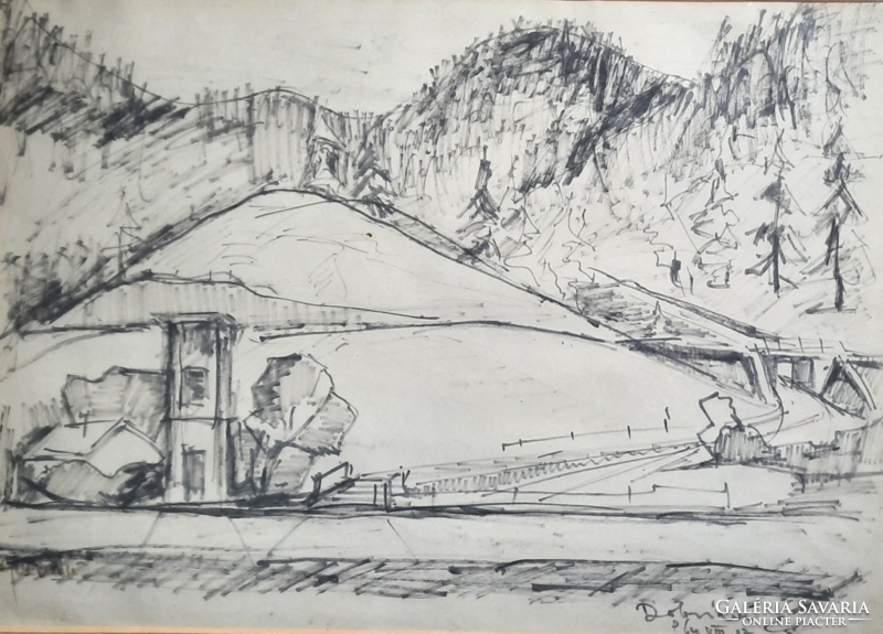 Hegyi állomás (filc, "Dobrian" ? jelzéssel, 1964) fenyők, vasút